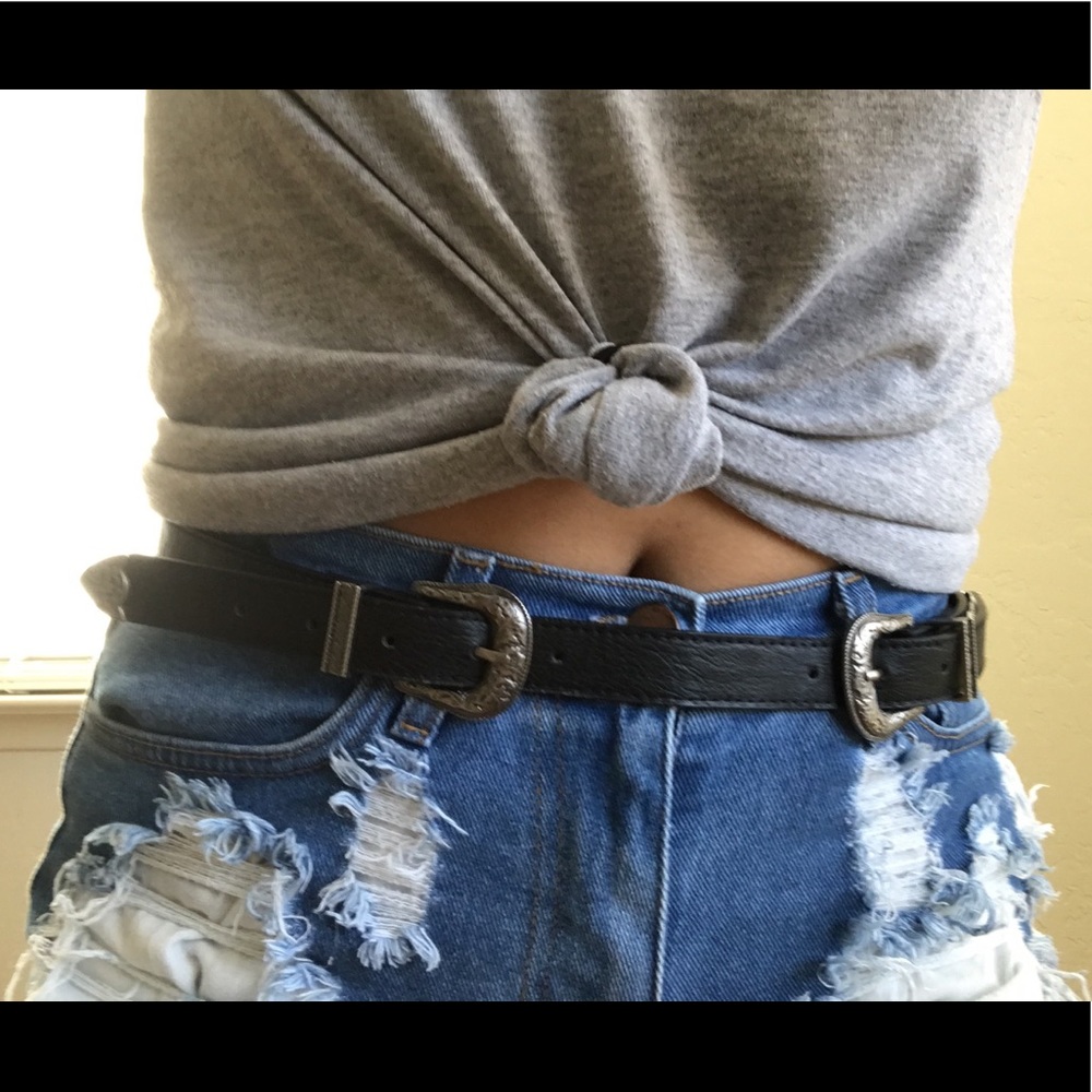 Black Leatherette Double Buckle Belt